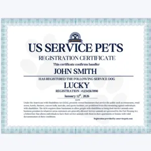 Extra Service Animal Registration Certificate